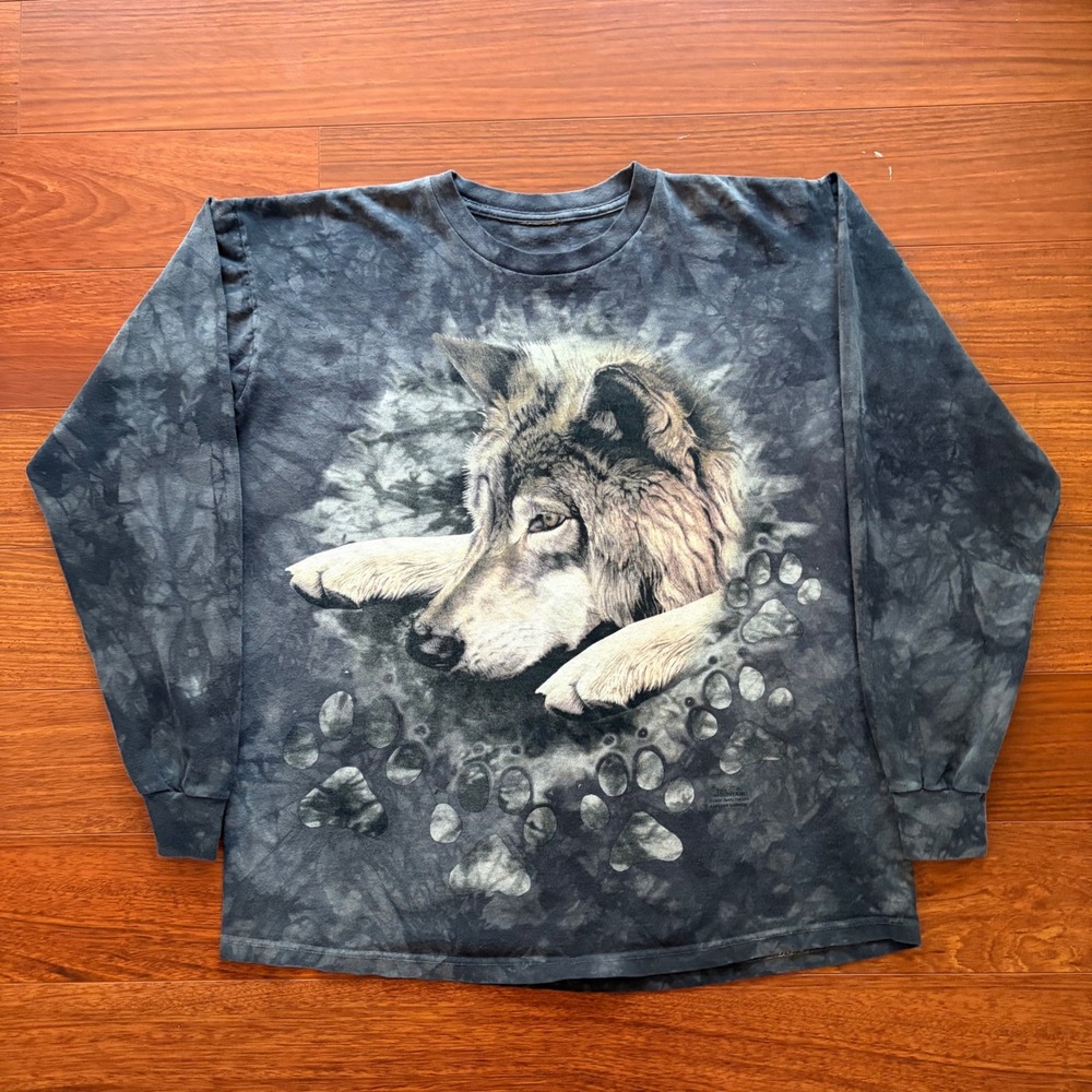 The Mountain Mens Wolf Paw AOP T-Shirt XL Faded Tie Dye Long Sleeve Nature Tee